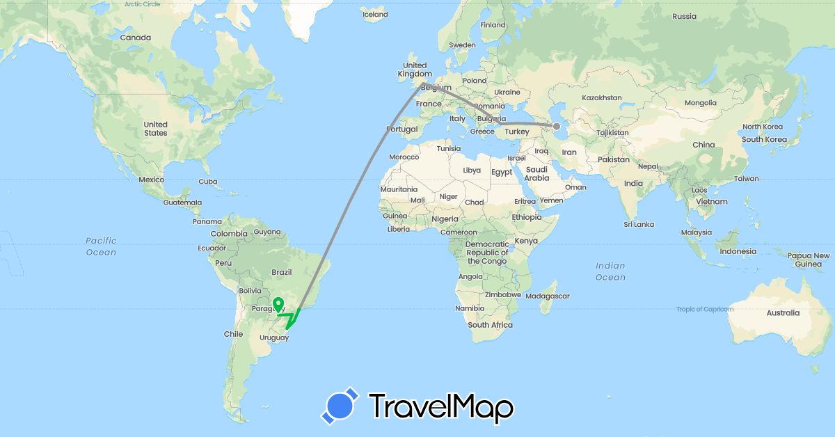 TravelMap itinerary: driving, bus, plane in Azerbaijan, Brazil, United Kingdom, Turkey (Asia, Europe, South America)